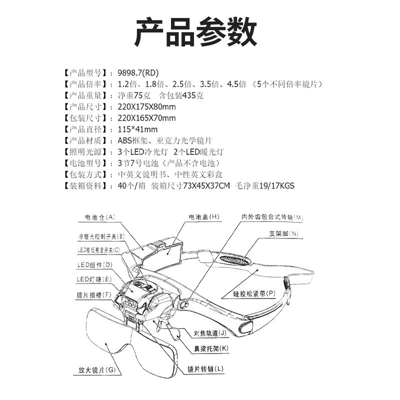 Head-mounted reading high-definition repair magnifying glass with light, handmade