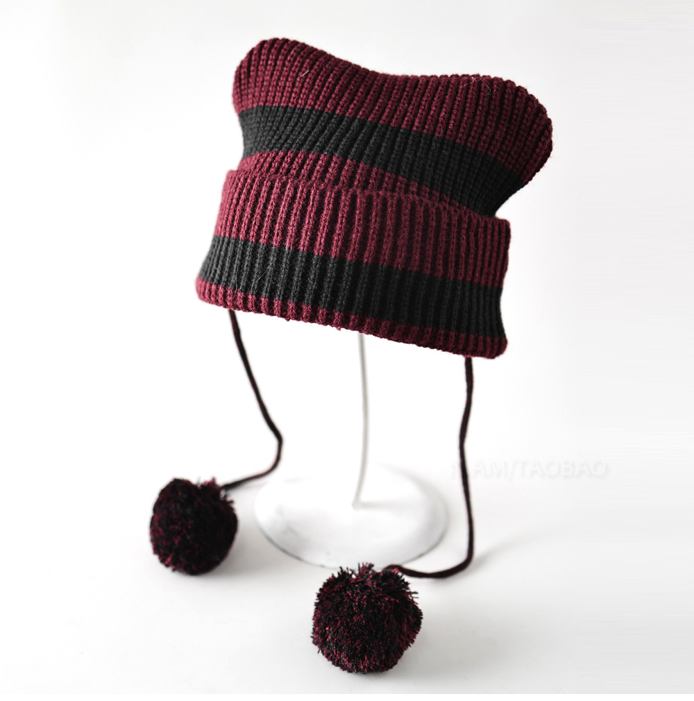 条纹拼色毛球绑带针织帽女时尚甜美可爱百搭保暖护耳显脸小毛线帽,淘宝优惠券,粉丝福利购,淘宝优惠卷