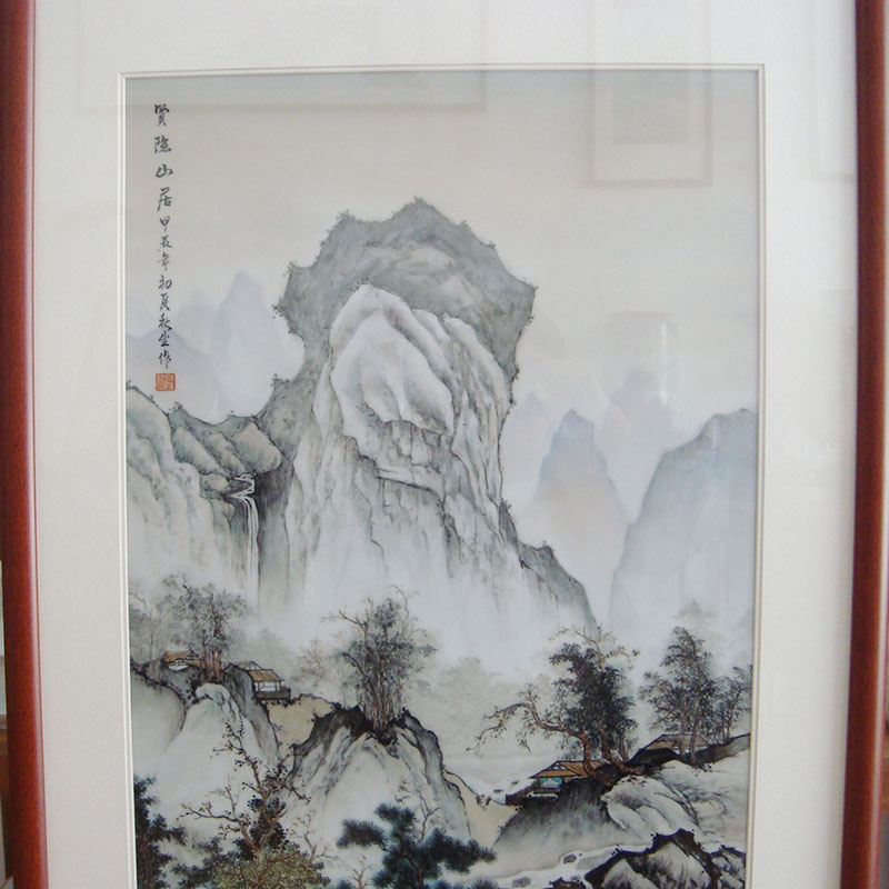 景德镇陶瓷手绘新中式玄关装饰画国画山水过道竖版挂画客厅瓷板画