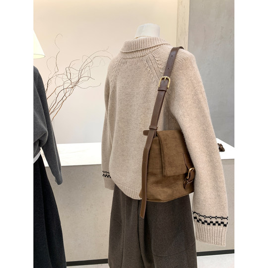 小哲 圣诞风复古小鹿提花插肩圆领毛衣女宽松单排扣开衫针织外套