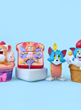 美食系列卡通小猫咪和老鼠手办模型潮玩盲盒创意蛋糕桌面装饰摆件