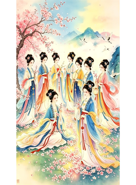 桃花下的仙女贴画客厅卧室书房墙面古代美女贴纸海报防水自粘贴
