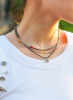 复古吊牌项链蓝松银色吊坠皮绳项链迷你小吊坠九宫八卦牌叠戴颈链