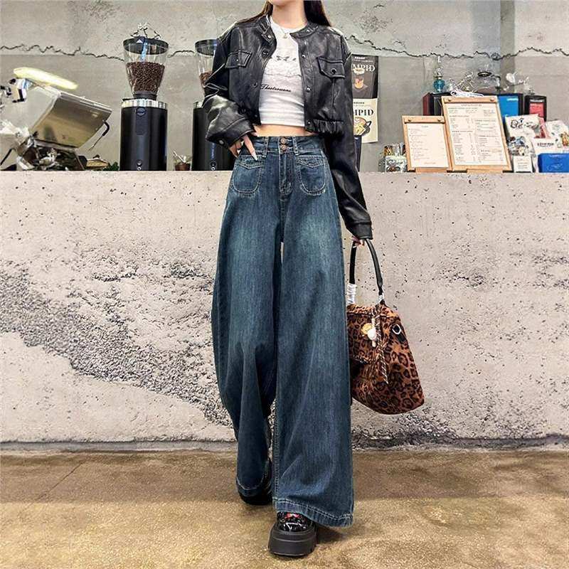 复古蓝双扣阔腿牛仔裤女2025冬季新款高腰加绒宽松显瘦垂感拖地裤,淘宝优惠券,粉丝福利购,淘宝优惠卷