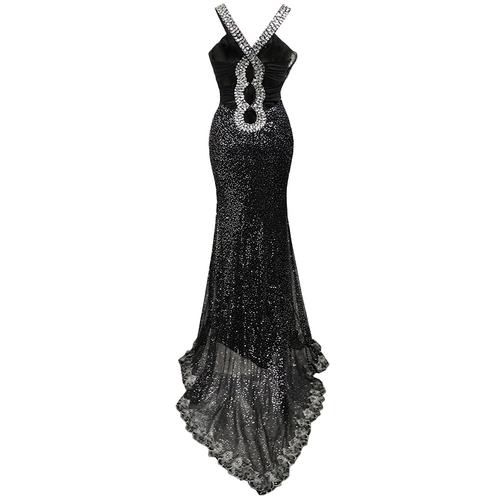 Сексуальные акриловые блестки для ногтей, черное вечернее платье, коллекция 2022, V-образный вырез, с открытой спиной