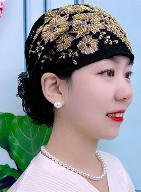 洋气百搭新款凤尾花盘花帽妈妈时尚头巾束发帽遮白发蕾丝包头帽女