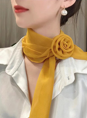 春夏季小围巾新款玫瑰花丝巾女百搭时尚薄款围巾护颈气质百搭围脖