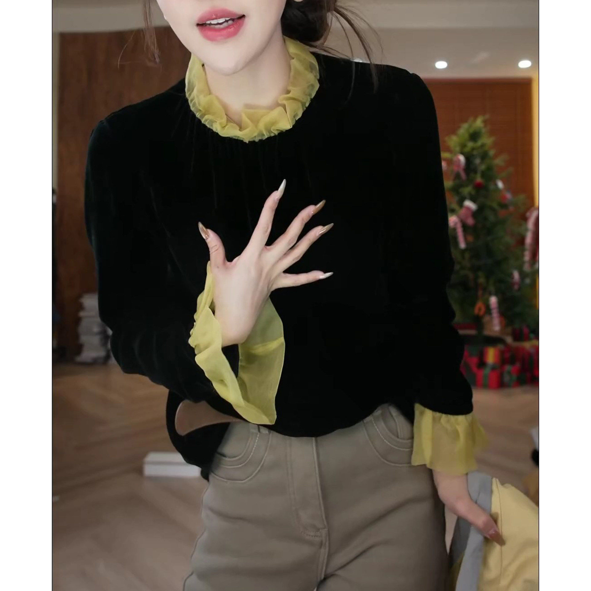 2026春季新款休闲百搭显瘦T恤上衣女时尚洋气拼接设计喇叭袖小衫,淘宝优惠券,粉丝福利购,淘宝优惠卷