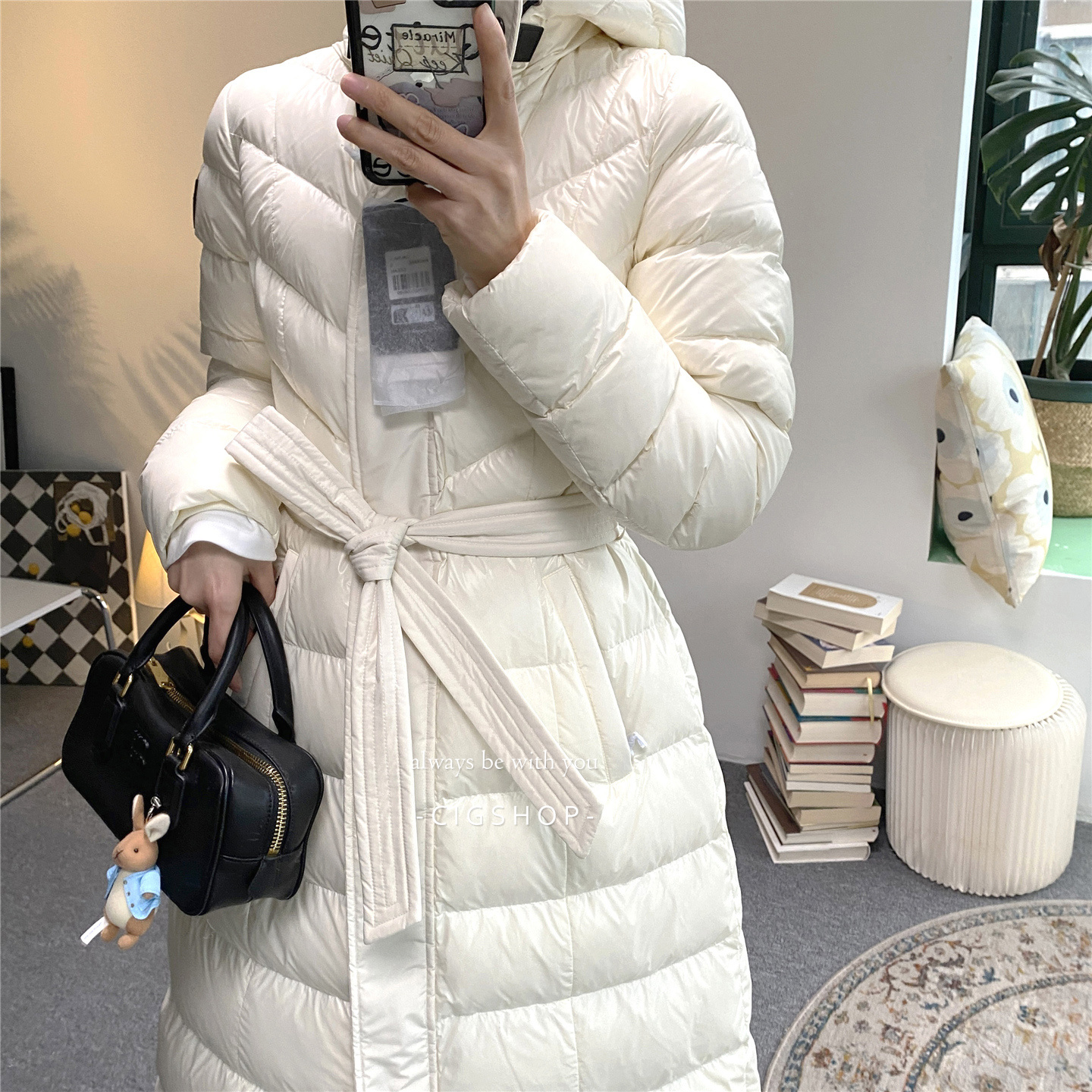 排骨精 女士超长鸭绒-15保暖带帽腰带修身显瘦羽绒服大衣外套女 - 图0