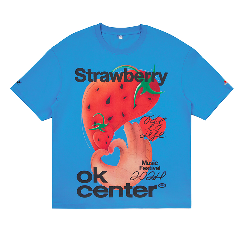 哭喊中心×ok center×超级草莓音乐节联名合作款手绘草莓印花T恤 - 图3
