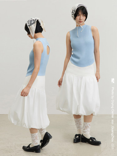 CryingCenter baby蓝深灰后背镂空泡泡纱针织紧身小背心 哭喊中心 - 图0