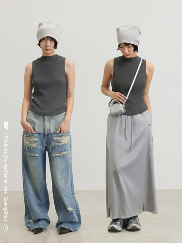 CryingCenter baby蓝深灰后背镂空泡泡纱针织紧身小背心 哭喊中心 - 图1