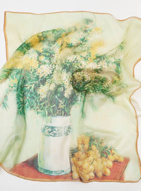 瓶花杏语真丝小方巾韩版印花轻薄
