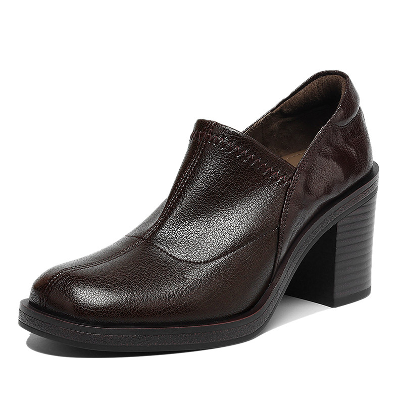 巨软8cm黑色头层羊皮深口圆头小皮鞋厚底粗跟深口单鞋女士高跟鞋,淘宝优惠券,粉丝福利购,淘宝优惠卷