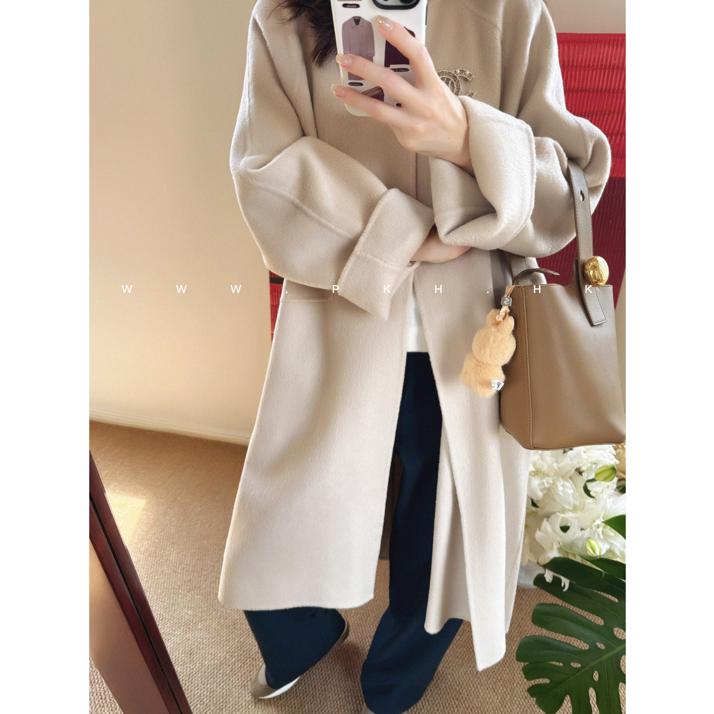PKH.HK特2025冬新气质剪裁利落通勤配腰带中长双面羊毛呢大衣外套 - 图3
