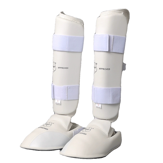 White karate shin guard and foot guard, leg guard, foot guard, karate guard, leg guard, adult karate leg guard