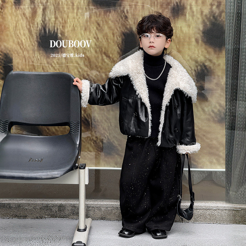 男童羊羔绒外套2025秋冬新款儿童翻领皮衣男孩加绒复古帅气夹克潮,淘宝优惠券,粉丝福利购,淘宝优惠卷