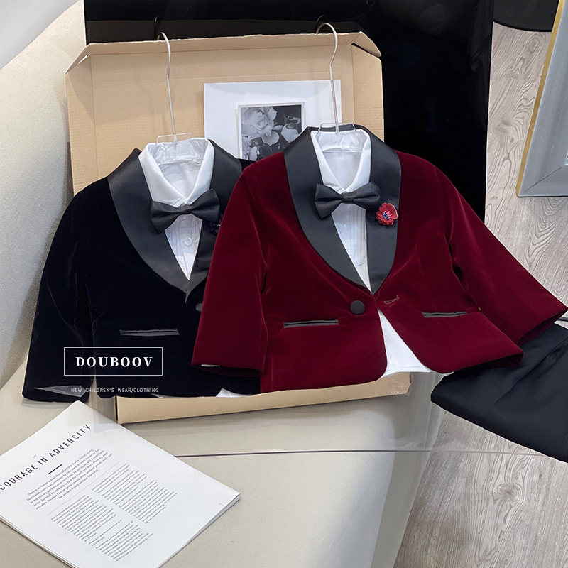 男童西装外套2024秋季新款儿童英伦丝绒小西服男宝国庆演出服花童,淘宝优惠券,粉丝福利购,淘宝优惠卷