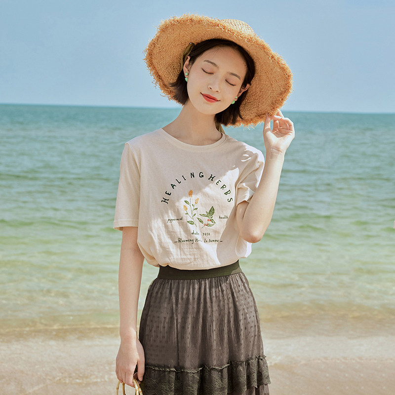 茵曼旗舰店纯棉印花短袖2020 t恤 茵曼筱茵T恤