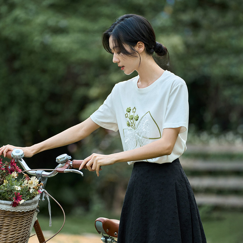 茵曼蝴蝶网纱印花拼接短袖2022 t恤 茵曼田田极客T恤