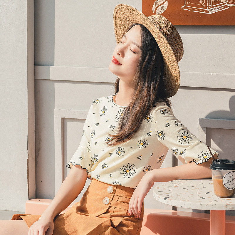 茵曼旗舰店2020夏装短袖女纯棉t恤 茵曼翰飞T恤