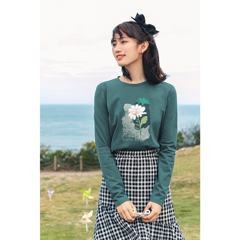 茵曼旗舰店纯棉t恤女长袖打底衫 茵曼筱茵T恤