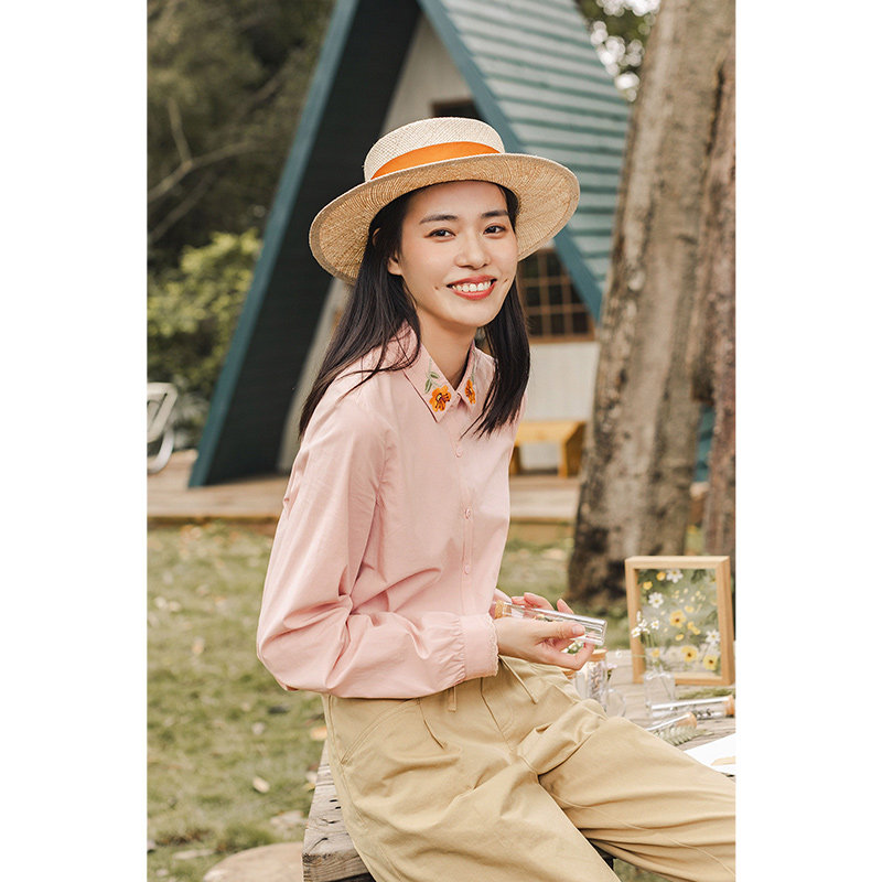 茵曼旗舰店绣花女长袖衬衣纯棉衬衫 茵曼筱茵衬衫