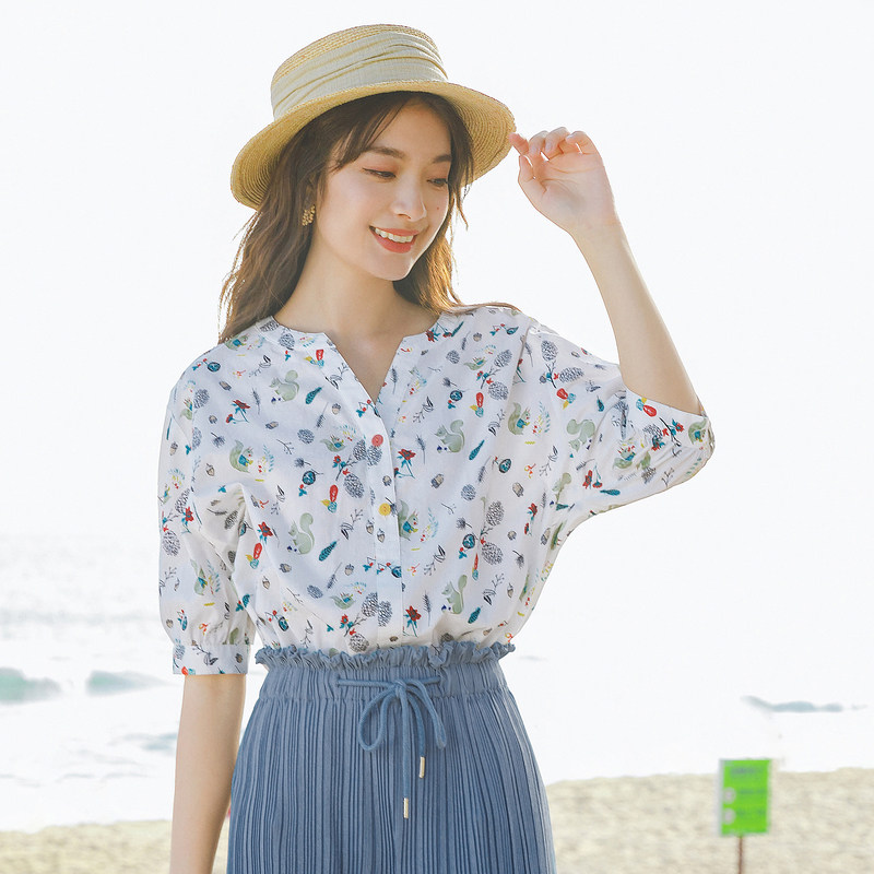 茵曼夏季中袖碎花设计感小众白衬衫 茵曼翰飞衬衫