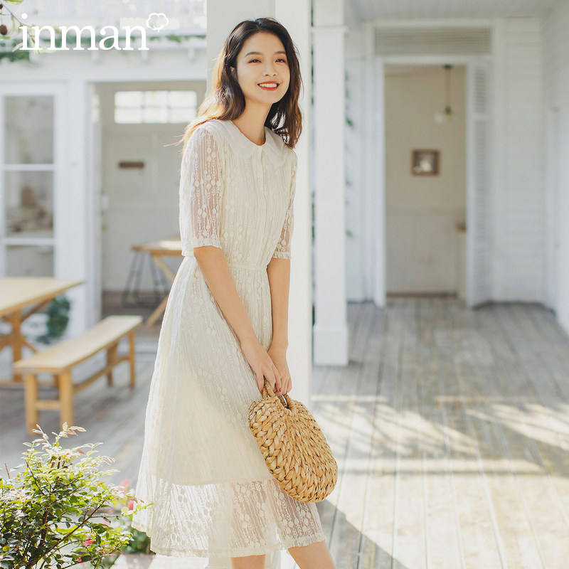 茵曼白色仙气质长款蕾丝网纱连衣裙 茵曼翰飞连衣裙