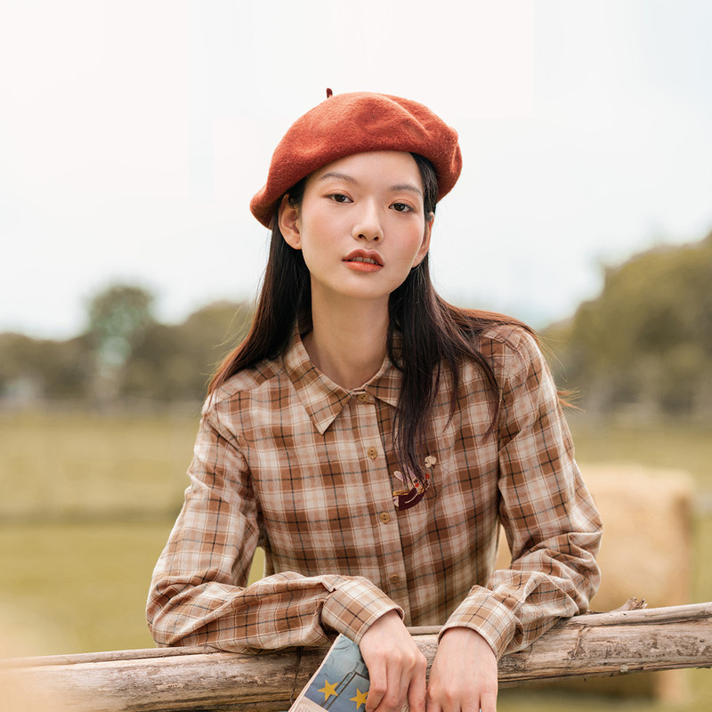 茵曼格子长袖纯棉宽松2020年衬衫 茵曼筱茵衬衫