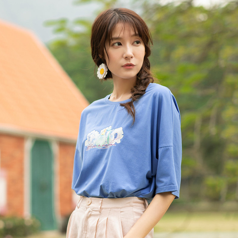 茵曼旗舰店特价清仓短袖女新款中袖 茵曼翰飞T恤