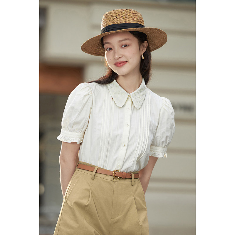 茵曼翻领花边短袖2022夏季新款衬衫 茵曼田田极客衬衫