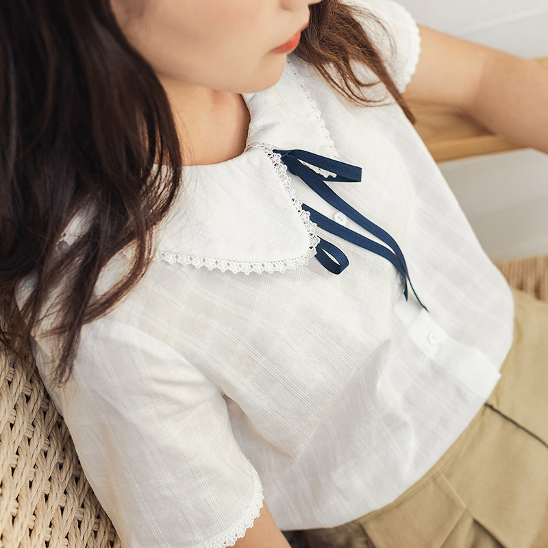 茵曼旗舰店少女纯棉娃娃领白衬衫 茵曼翰飞衬衫