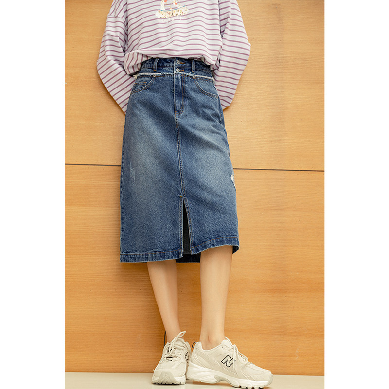 茵曼秋冬牛仔2020新款高腰半身裙 茵曼田田极客半身裙