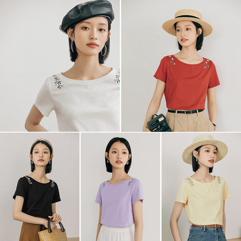 茵曼纯棉2022新款原版绣花日系t恤 茵曼田田极客T恤