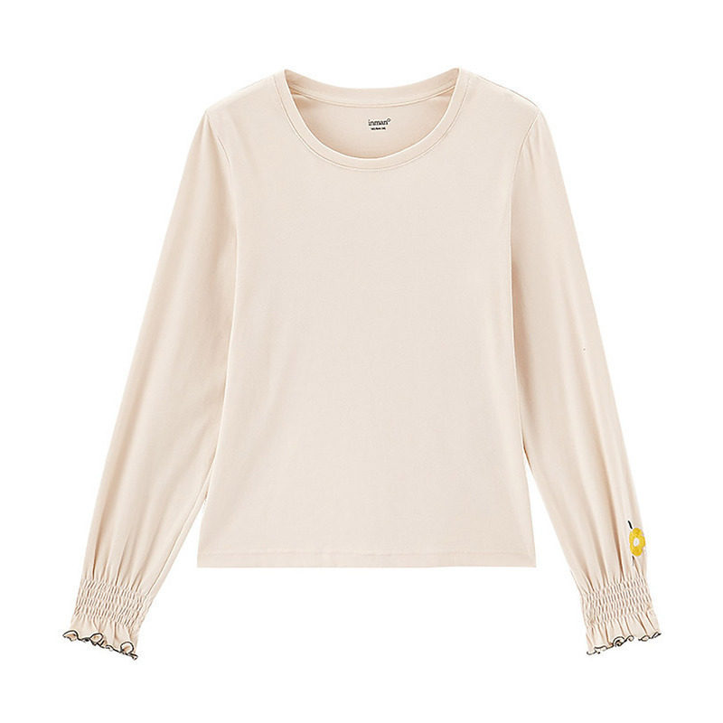 茵曼木耳边白色秋冬新款圆领打底衫 茵曼田田极客T恤