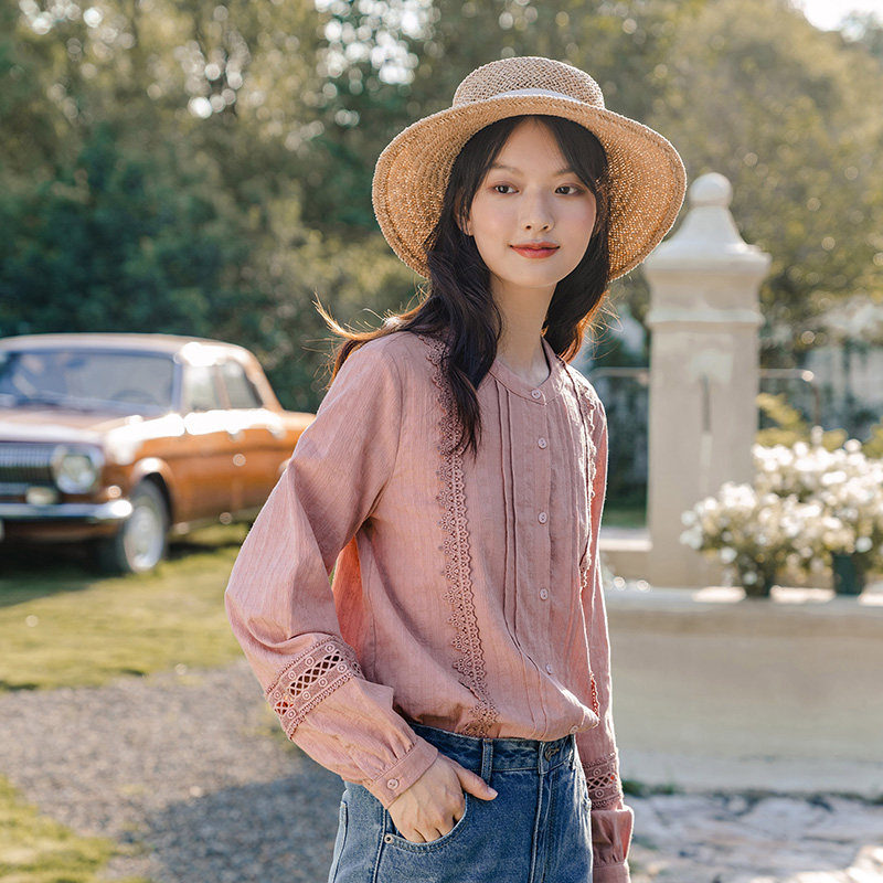 茵曼长袖设计感甜美蕾丝2020风衬衫 茵曼筱茵衬衫