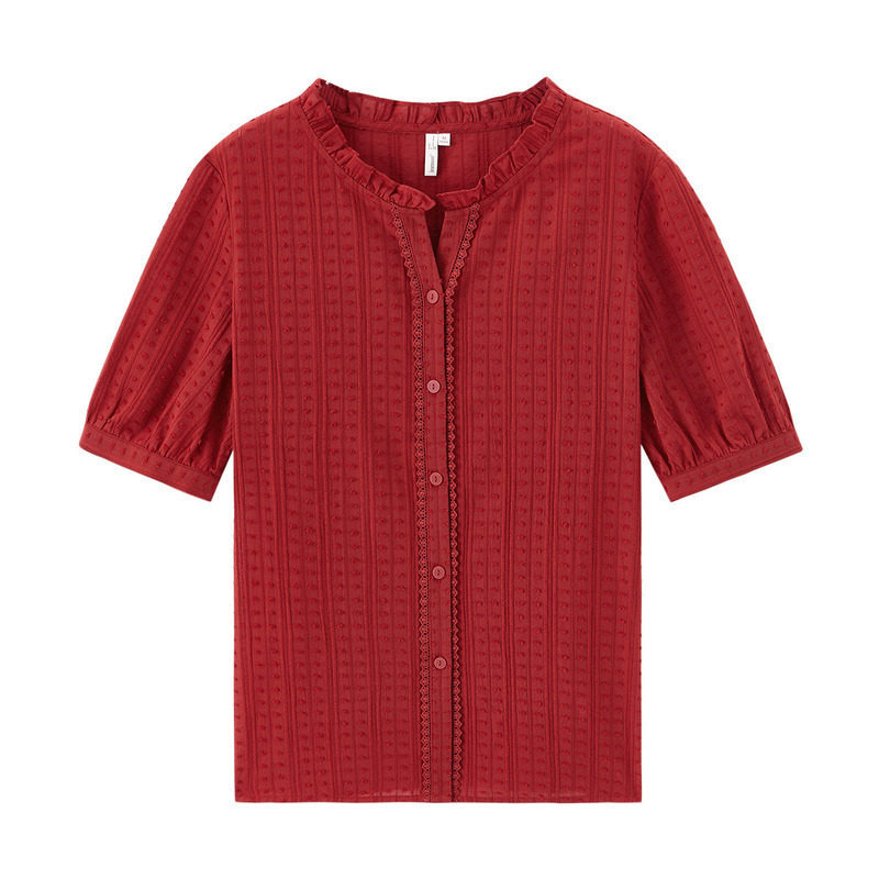 茵曼木耳边女士外穿百搭纯棉白衬衫 茵曼翰飞衬衫