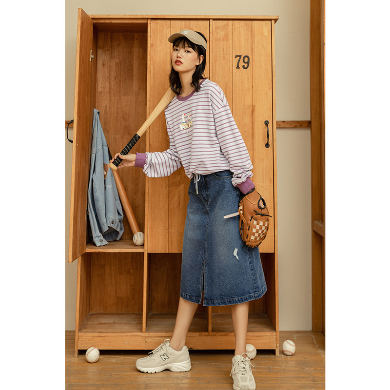 茵曼秋冬牛仔2020新款高腰半身裙 茵曼田田极客半身裙