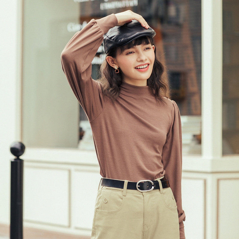 茵曼半高领t恤法式泡泡袖秋打底衫 茵曼筱茵T恤