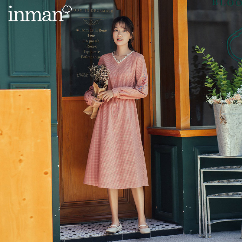 茵曼格子长袖法式过膝茶歇连衣裙 茵曼筱茵连衣裙