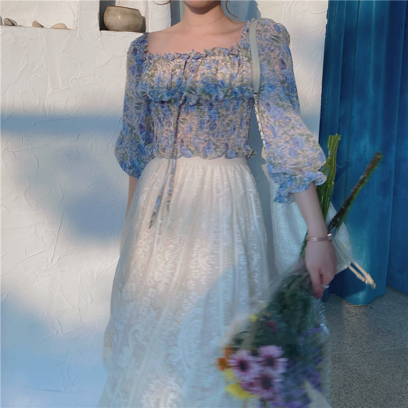 仙气夏季印花法式蓝莓之夜雪纺衫 PINK STAR SHOP蕾丝衫/雪纺衫