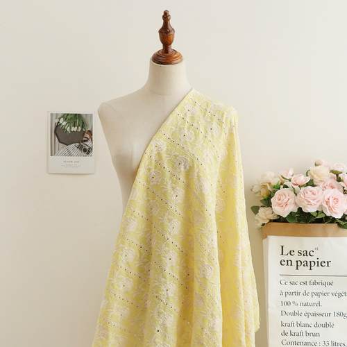 纯棉黄色玫瑰重工刺绣连衣裙衬衫服装面料diy桌布包包抱枕布料 - 图2