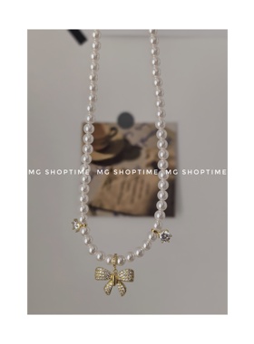 MG SHOPTIME韩ins风微镶锆石蝴蝶结吊坠时尚珍珠项链铜镀金