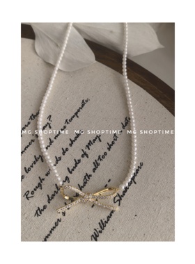 MG SHOPTIME韩ins风微镶锆石蝴蝶结吊坠时尚珍珠项链铜镀金