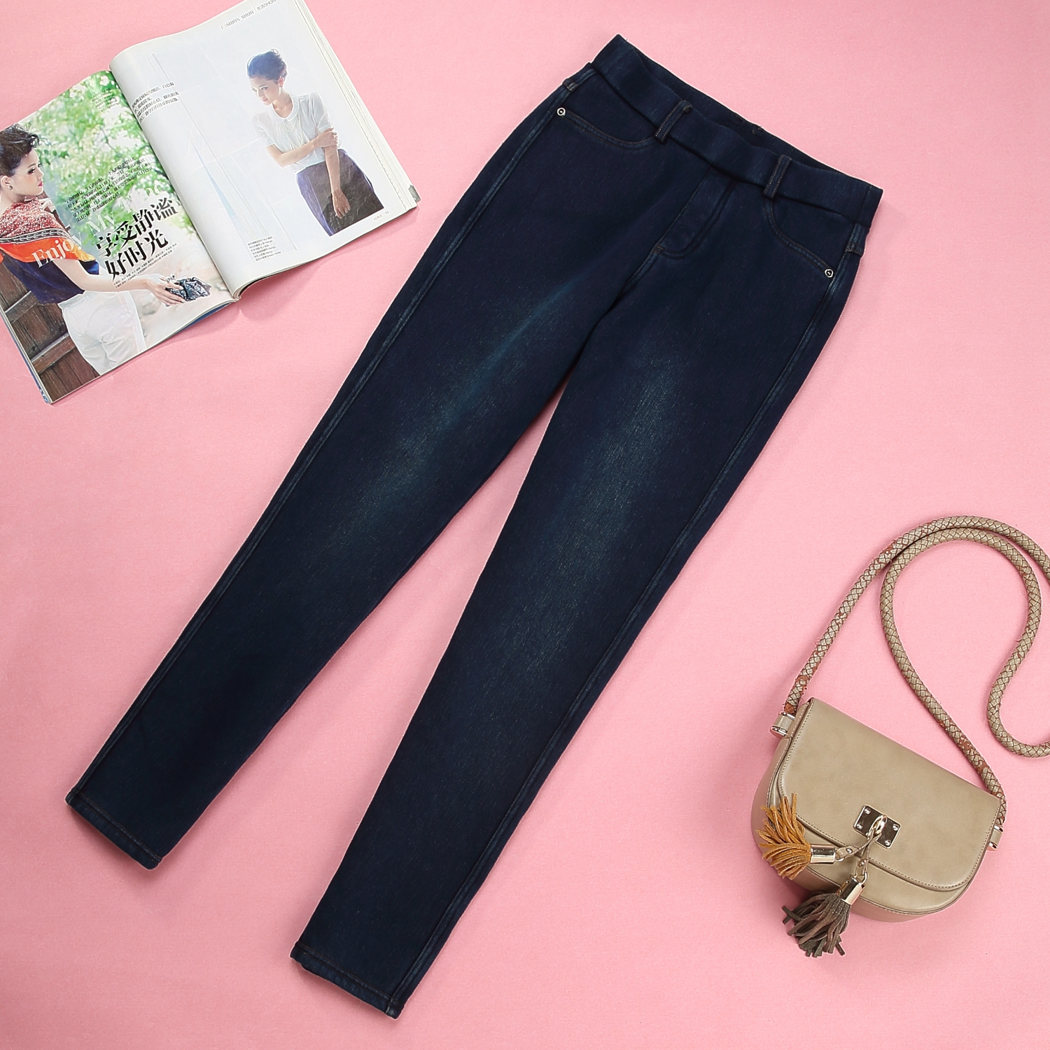 外贸出口抓绒针织牛仔裤女秋冬外穿加绒加厚弹力保暖裤子柔软多色 - 图0