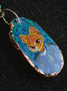 ooohhooo手作梵高手绘项链项坠吊坠原创设计猫咪油画风格链子