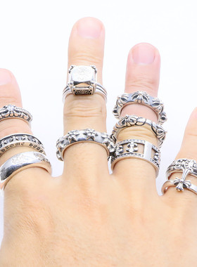 ch客锣芯纯银十字架戒指情侣复古