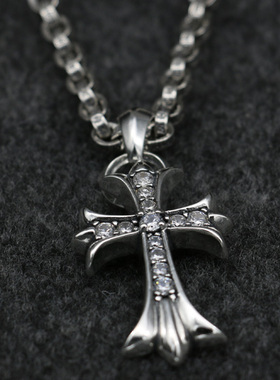 镶钻十字架吊坠朋克风纯银毛衣链
