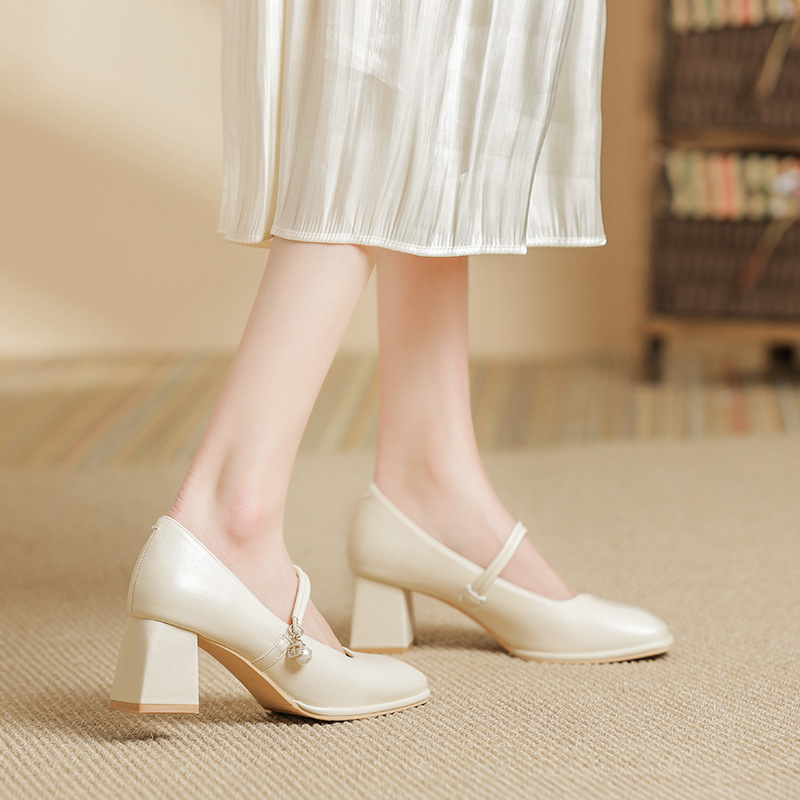 玛丽珍女鞋2025春新款粗跟高跟鞋一脚蹬浅口配裙子晚晚鞋温柔单鞋 - 图2